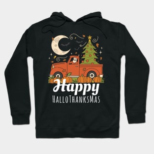 Happy HalloThanksMas Santa in Red Christmas Truck Bats Moon Hoodie